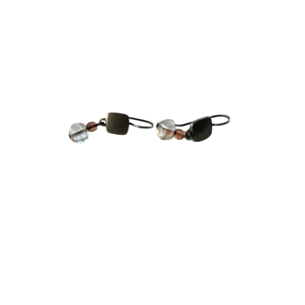 Vintage Drop‎ Earrings Brown Glass Bead Mixed Metal Geometric Boho